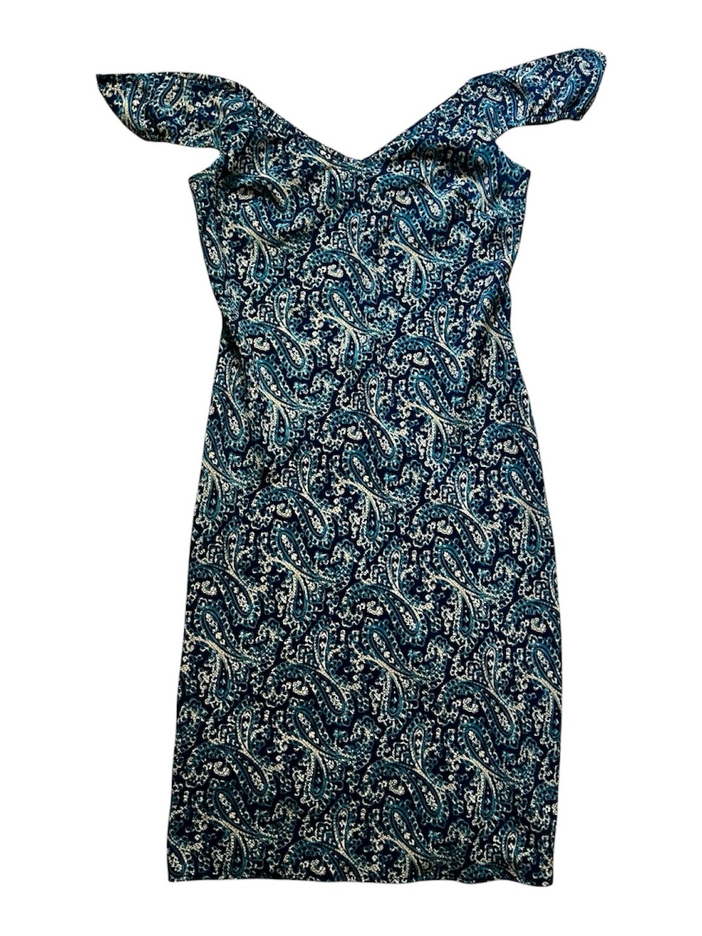 Vintage Jonathan Martin Off-Shoulder Paisley Blue Yellow Midi Dress Size 3